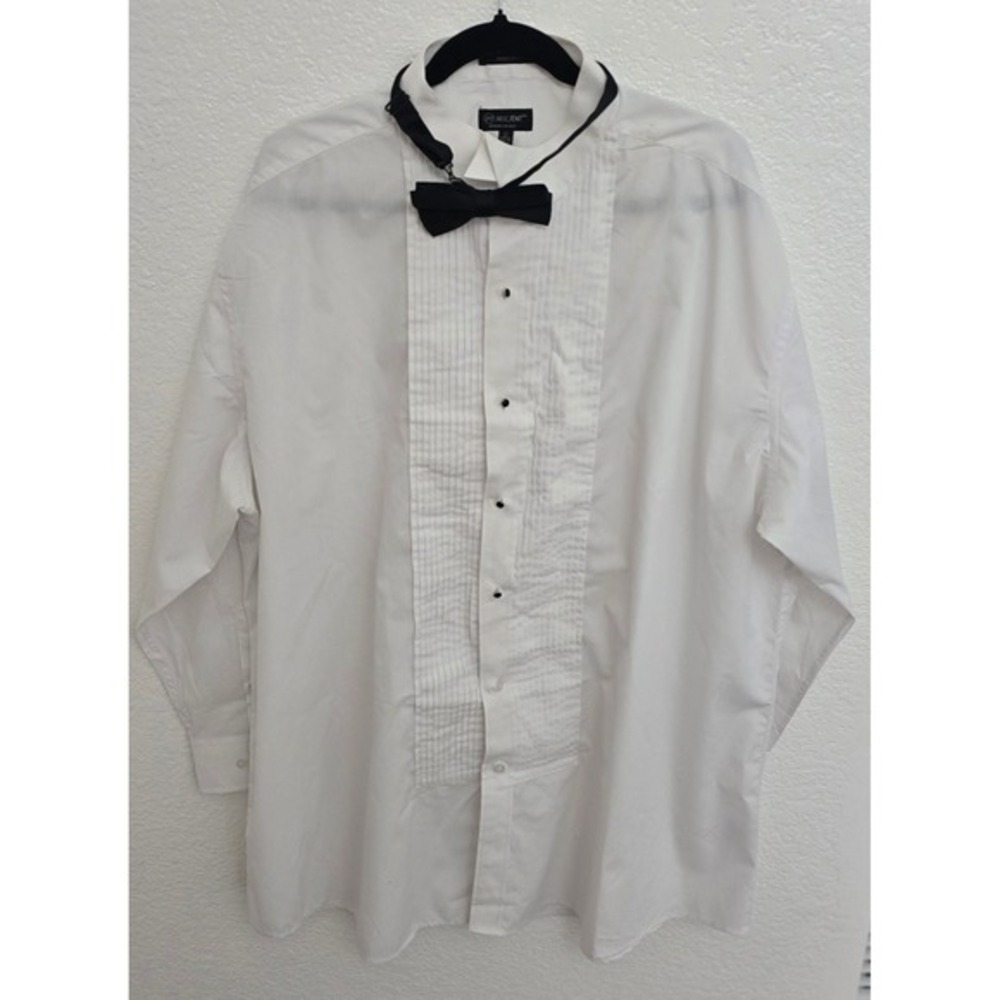 Milani Tuxedo Shirt‎ Mens 20 34/35 White Pleated Wing Tip Bow Tie Set